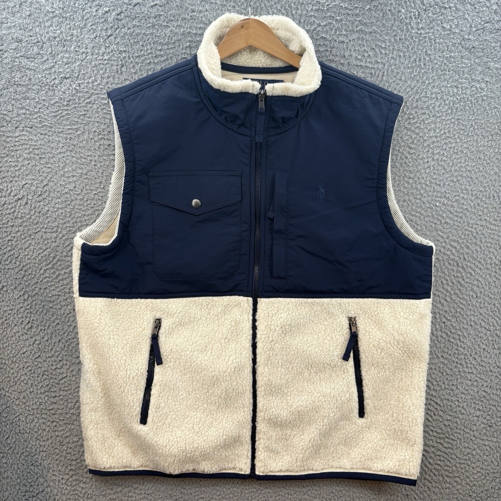 Polo Ralph Lauren Sherpa Fleece Hybrid Performance Vest Mens Large Cream Navy